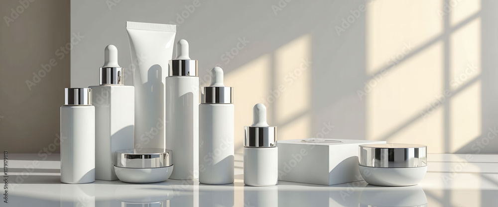 Poster three bottles of perfume are displayed on a white pedestal. the bottles are arranged in a row, with 