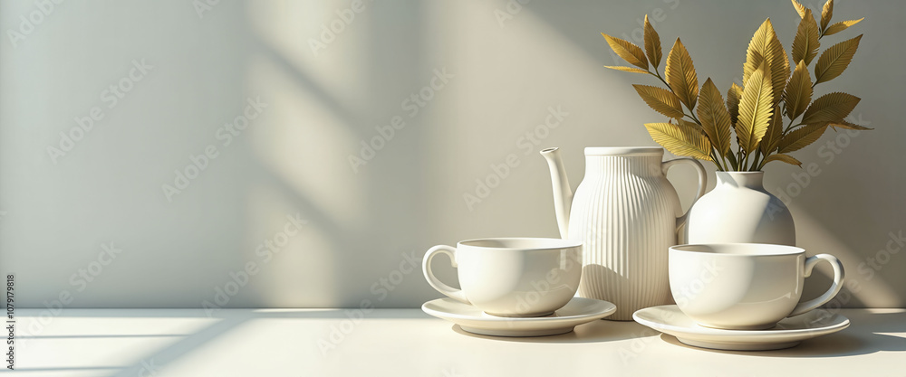 Poster a white table with two cups and a vase of flowers. the table is clean and uncluttered, with a simple