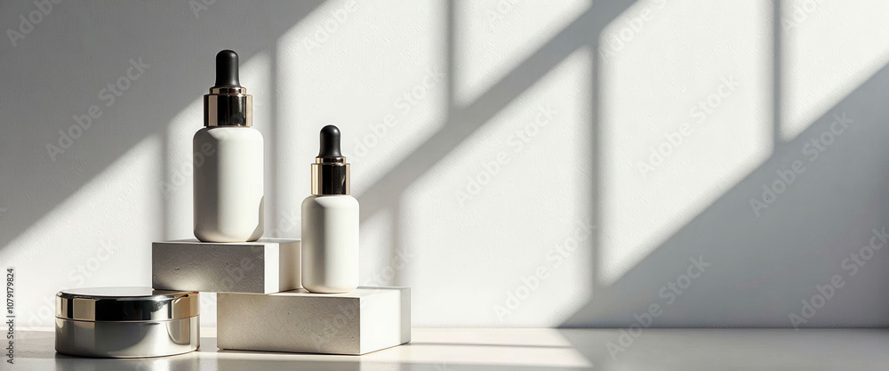 Poster three bottles of perfume are displayed on a white pedestal. the bottles are arranged in a row, with 