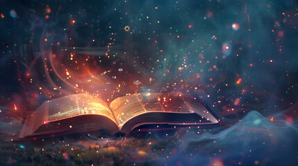 An open book emanating magical sparkles and a mystical aura against an ethereal background. Ideal for fantasy, magic, and storytelling themes, evoking a dreamlike and mystical atmosphere