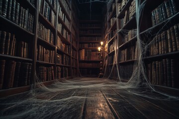 Eerie Library Hallway with Cobwebs Illuminated by a Candlelight