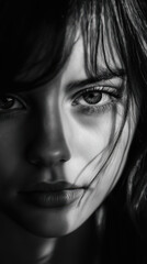 Fototapeta premium Captivating close-up portrait of a woman in dramatic black and white lighting