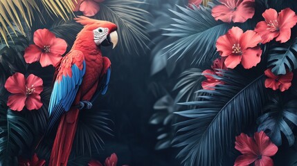 Obraz premium A vibrant scarlet macaw perches amidst lush tropical foliage, its blue and red plumage contrasting beautifully with the green leaves and red flowers.