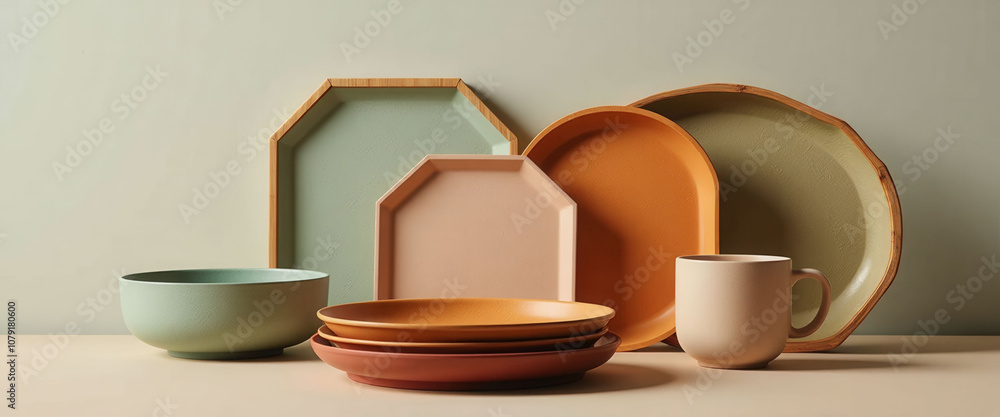 Poster a collection of plates and bowls of various shapes and colors are displayed on a table. the arrangem