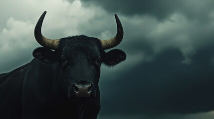 Naklejka premium A powerful black bull stares intensely into the camera, set against a dramatic, stormy sky.