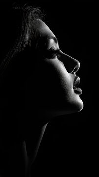 Dramatic silhouette of woman's profile in low key lighting