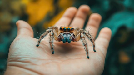 Obraz premium Detailed Close-Up of Colorful Jumping Spider on Human Hand Outdoors