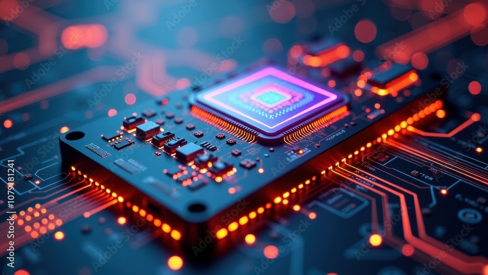 Poster a detailed look at a microchip situated on a circuit board, with glowing lights highlighting its int