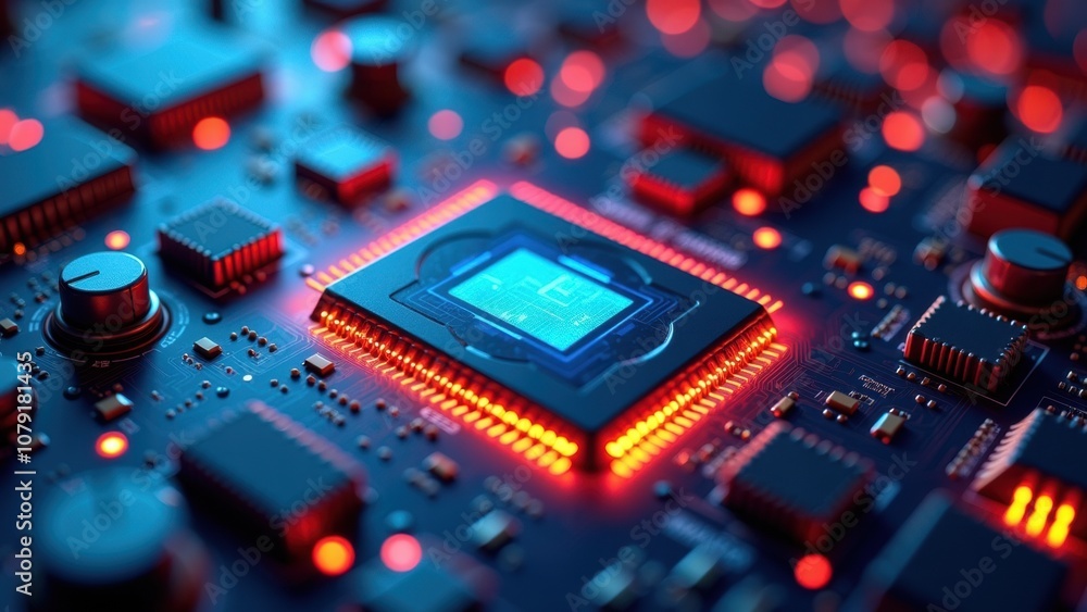 Poster a detailed look at a contemporary computer chipset illuminated by red lights, surrounded by various 