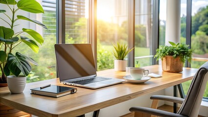 A modern home office setup with a laptop, a coffee mug, organized desk, soft natural lighting.
