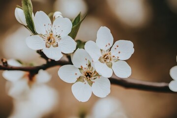 Obraz premium 春の訪れを告げる白い花が咲く枝のクローズアップ、自然の美しさを感じる瞬間