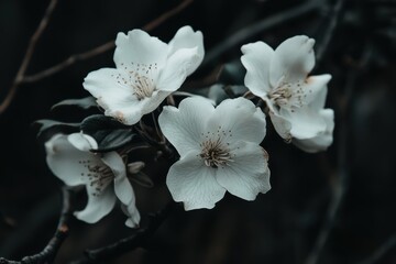 白い花が黒い背景に映える春の訪れを告げる風景