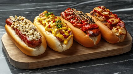 Gourmet Hot Dogs with Diverse Toppings on Wooden Board