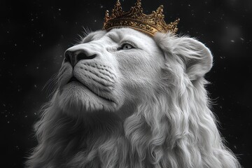 Naklejka premium 3D Render of a Majestic White Lion with a Crown – The King of Lions in Cinematic Lighting Against a Dark Background