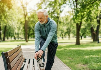 Fototapeta premium Active senior exercising in park with stretching routine on sunny day