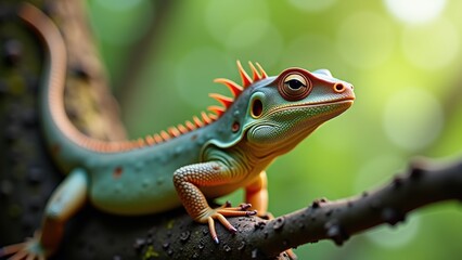Fototapeta premium A vibrant lizard with striking colors sits on a branch, surrounded by blurred green foliage. Sunlight filters through, enhancing its vivid features