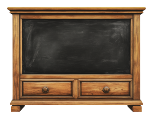 PNG Classic wooden chalkboard with drawers for storage