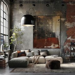 Living room interior in loft, industrial style, 3d render "Industrial Loft Living Room: Modern 3D Render Design" 