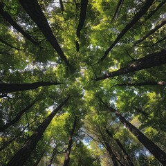 Looking up at the green tops of trees. Italy   "Looking Up at the Green Canopy: A Serene Italian Forest Experience"