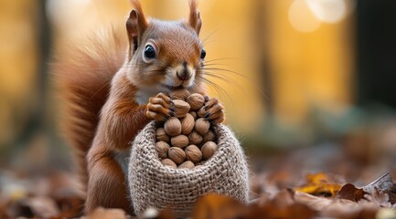 Fototapeta premium A red squirrel sits with a burlap sack full of nuts.
