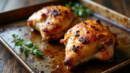 Juicy roasted chicken drumsticks on a tray with herbs.