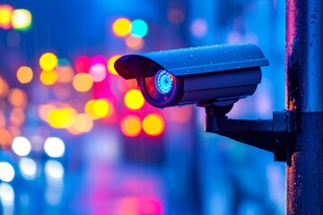 Vibrant Cityscape Surveillance Camera and Bright Lights in a Rainy Urban Street Night Scene