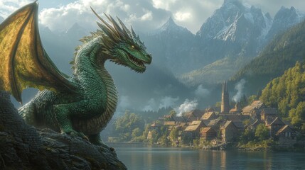 Majestic green dragon overlooking tranquil lakeside village with mountain backdrop