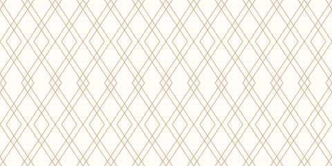 Abstract linear golden geometric seamless pattern. Gold and white minimalist vector background. Simple outline ornament with rhombuses, diamonds, thin lines, grid. Subtle luxury texture. Repeat design