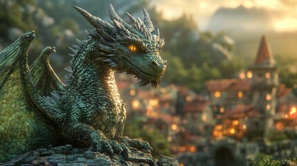 Majestic green dragon posing against medieval townscape at sunset
