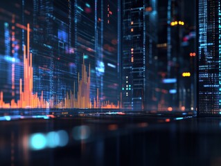 Perspective view of stock market growth, business investing and data concept with digital financial chart graphs, diagrams and indicators on dark blue blurry background. 3D rendering