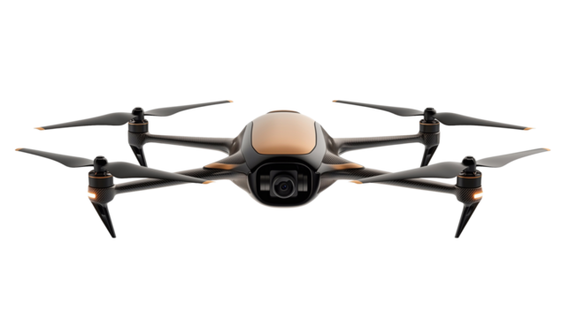 Modern drone with camera, front view