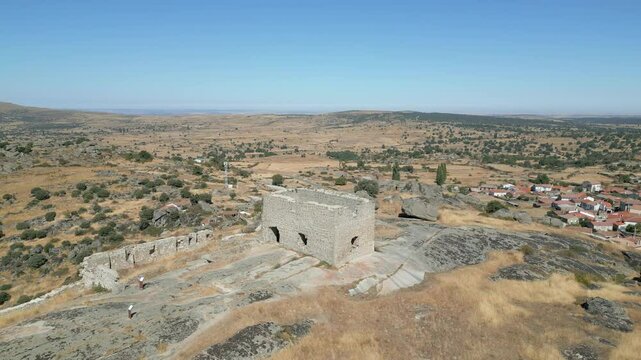 Small ruined fortification on top of a hill in a Castilian village in Avila, Miron.