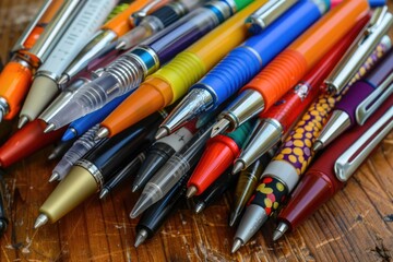 Pile Of Pens. A Collection of Colorful Ball Point Pens on Wooden Desk