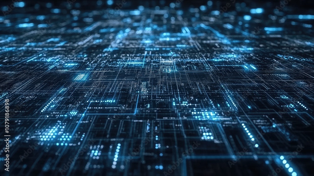 Poster futuristic digital landscape with glowing neon lines and data patterns creating an abstract high-tec