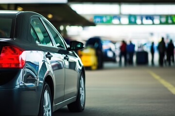Car parked in busy lot, focus on rear with people blurred