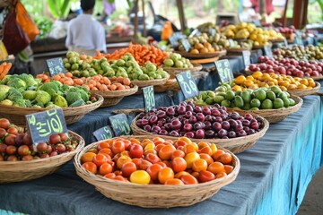 Colorful fruit market display with variety and prices