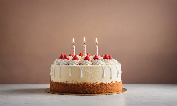 A strawberry cake with white icing and four lit candles sits on a table in front of a tan wall