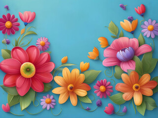 Decorative colored flowers on the blue background. Copy space. Top view.