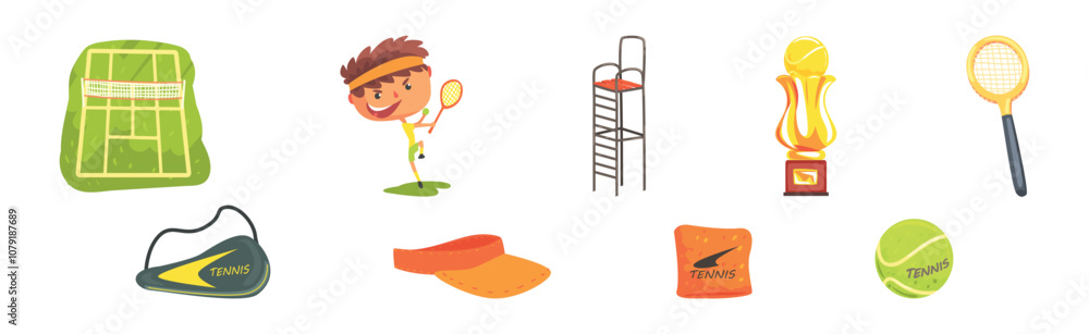 Poster tennis player professional object and item vector set