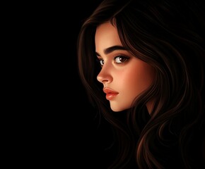 Fototapeta premium Beautiful woman with long dark hair against a black background at night