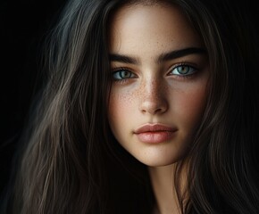 Fototapeta premium Close-up of a young woman with striking blue eyes and natural beauty