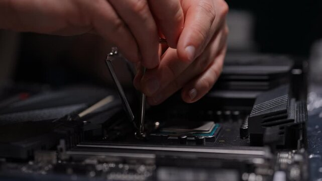 Technician meticulously installs CPU in motherboard, demonstrating intricate process of computer assembly with precision and care, sitting at table in workshop with dark interior, closeup, slow motion