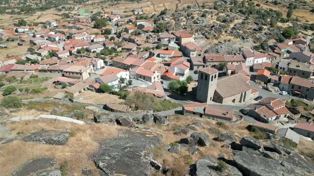 Small Castilian village in central Spain in summer with drought and lack of rain, Miron, Avila