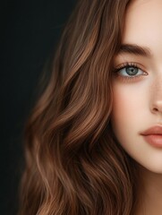 Fototapeta premium Young woman with wavy hair and striking blue eyes against dark backdrop