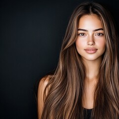Naklejka premium A young woman with long hair poses against a dark background