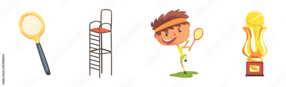 Poster tennis player professional object and item vector set