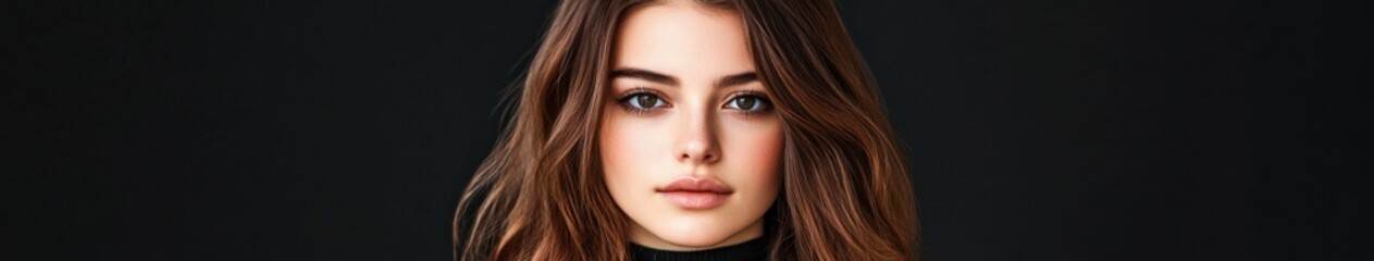 Fototapeta premium Young woman with long brown hair poses against a dark background