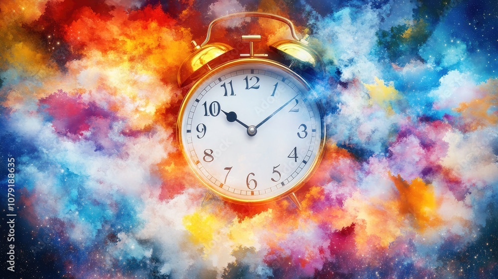 Poster surreal clock floating in colorful cosmic clouds, representing time, dreams, and imagination in a vi