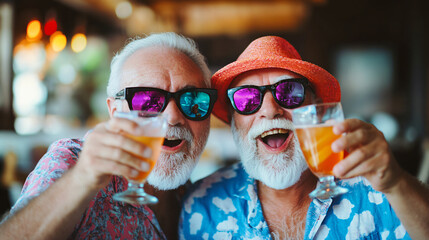 Two happy elderly gentlemen clinking beers at a beachside bar, sporting vibrant shirts and shades, savoring their retirement