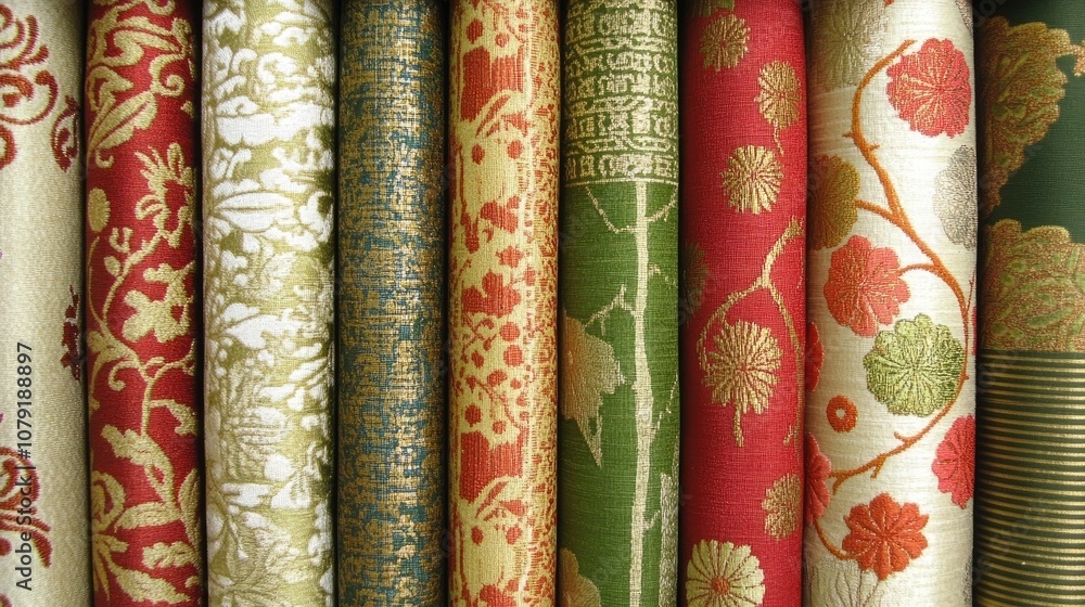 Poster a vibrant collection of decorative fabrics showcasing intricate patterns and textures in various col